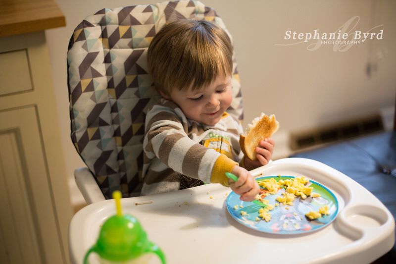 A toddler eats eggs and toast for breakfast during a lifestyle session.